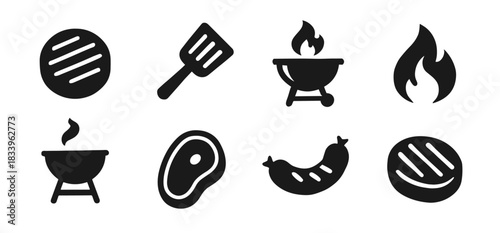BBQ icon collection in black. Set includes grill mark, spatula, barbecue grill, fire flame, smoking grill, steak, sausage, and second grill mark