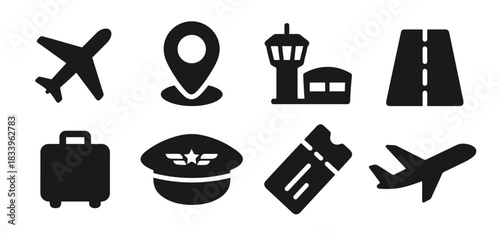 Aviation and airport travel icon collection in black. Includes airplane, map pin, control tower, runway, suitcase, pilot cap, ticket and departing airplane