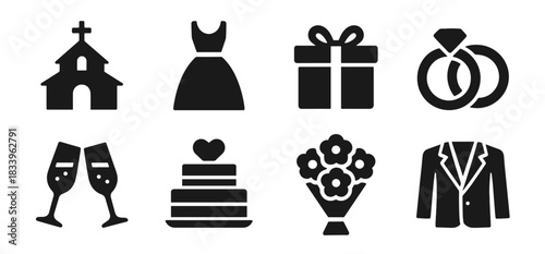 Wedding icon collection in black. Includes church, dress, gift, rings, champagne glasses, cake, bouquet and suit jacket
