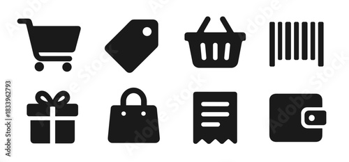 Shopping icon collection in black. Set includes shopping cart, price tag, shopping basket, barcode, gift box, handbag, receipt, and wallet