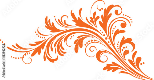 Elegant swirling orange floral swirl ornament with delicate leafy tendrils and small dots on a white background