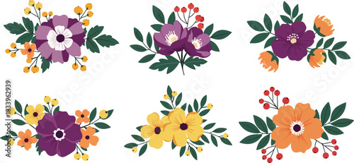 Collection of six colorful floral arrangements with purple pink yellow and orange flowers and green leaves on a white background