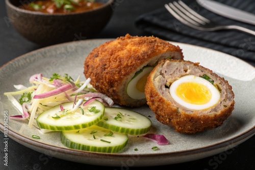Crispy Egg Devil Cutlet with Salad – Black Background Food Image