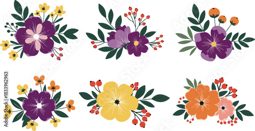 Six beautiful watercolor floral arrangements with purple yellow and orange flowers and green leaves on a white background