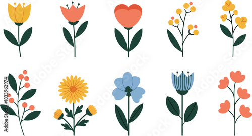 A collection of stylized and colorful spring flowers and blossoms in a decorative arrangement