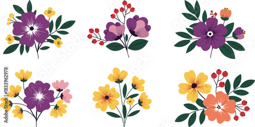 Collection of six vibrant floral bouquets featuring purple yellow and orange flowers with green leaves and red berries on a white background