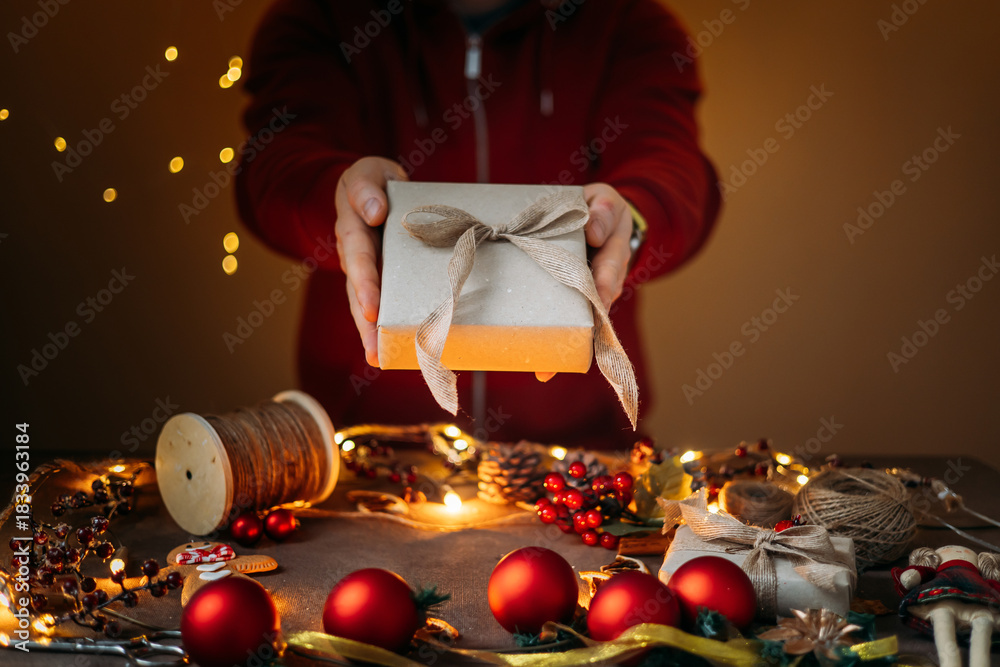 custom made wallpaper toronto digitalTop view of man hands holding christmas gift