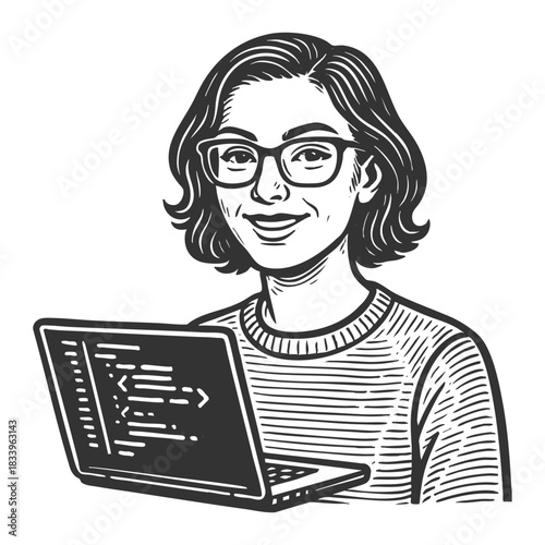 smiling woman with glasses coding on a laptop, ideal for tech, programming, or education themes sketch engraving generative ai fictional character vector illustration. Scratch board. Black and white.