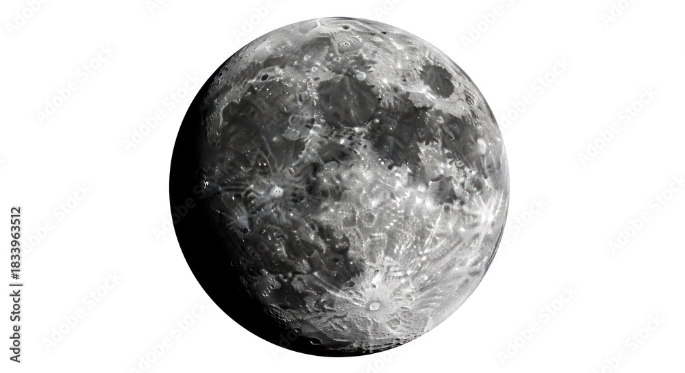 Obraz premium Bright full moon showcasing countless craters and textures against a white background