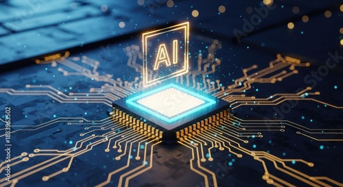 Fototapeta Naklejka Na Ścianę i Meble -  Bright AI symbol floats over a glowing CPU on a futuristic, illuminated circuit board