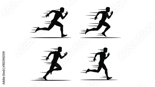 Four black silhouettes of male runners in motion, depicting speed and athletic activity
