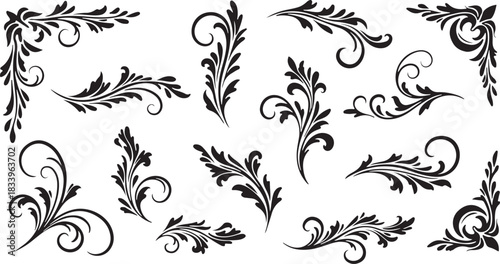 Collection of elegant black floral and vine ornamental design elements and decorative borders for graphic design and illustration projects