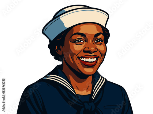 woman in vintage navy uniform, ideal for military, patriotism, or retro themes. vector colorful pop art illustration.