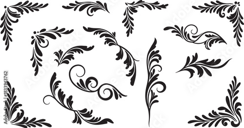 Collection of elegant black floral and vine ornamental corner and flourish design elements for decorative borders and invitations