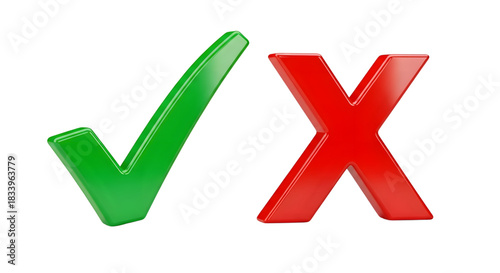 Green check mark and red x isolated on transparent background