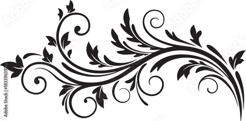 Elegant black swirling floral flourish with leaves and curls on a white background