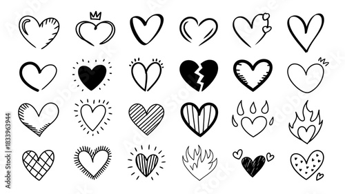 Collection of Hand Drawn Heart Illustrations for Valentines Day and Love Themes Doodle Style Assortment of Romantic Symbols