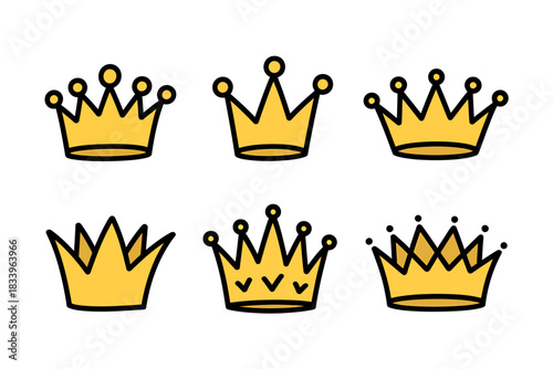 Various Cartoon Crown Illustrations Isolated on White Background Royal Symbol Set Gold Crown Collection