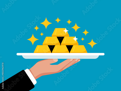 Hand Serving Gold Bars on a Tray Shiny Treasure and Wealth Concept Vector Illustration on Blue Background for Business