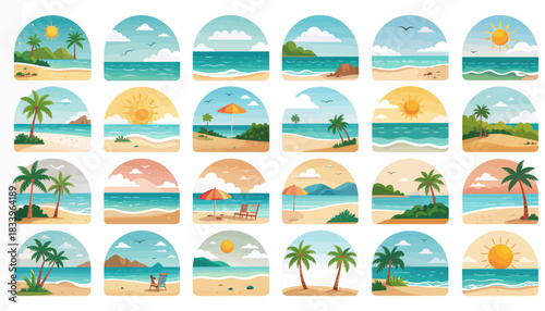 A collection of vibrant, semi-circular illustrations showcasing various tropical beach and ocean landscapes with palm trees and sunny skies.