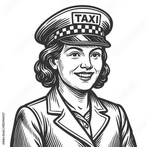 smiling female taxi driver wearing a checkerboard cap and classic uniform sketch engraving generative ai fictional character vector illustration. Scratch board imitation. Black and white image.