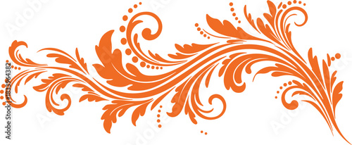 Elegant swirling orange floral flourish with delicate leaves and small dots on a white background