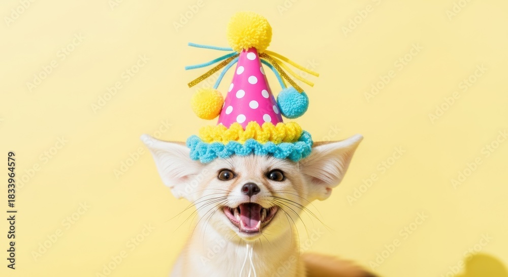 Naklejka premium Close-up of a happy fennec fox in a polka-dotted party hat against a yellow background