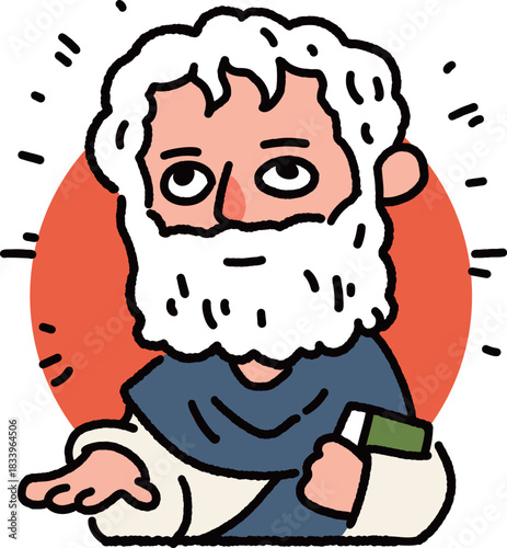Aristotle Making a Downward-Palm Gesture Symbolizing Practical and Grounded Thinking – Cartoon Greek Philosophy Illustration