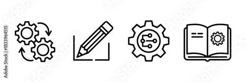 Business process automation development and documentation concept with gears pencil and instruction book icon line style representing workflow management and continuous improvement