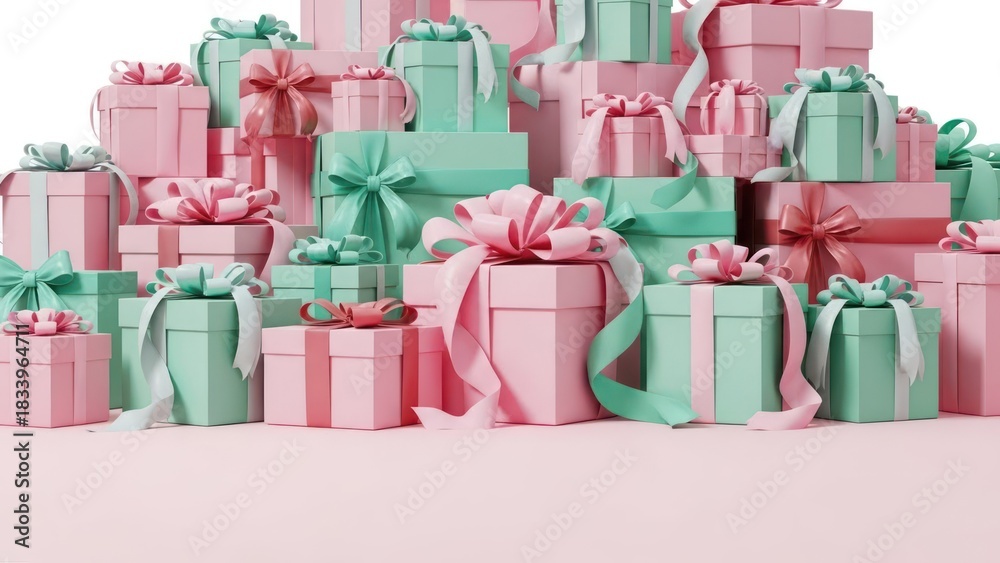 Obraz premium Close-up of a large festive pile of neatly wrapped pink and mint gifts with bows