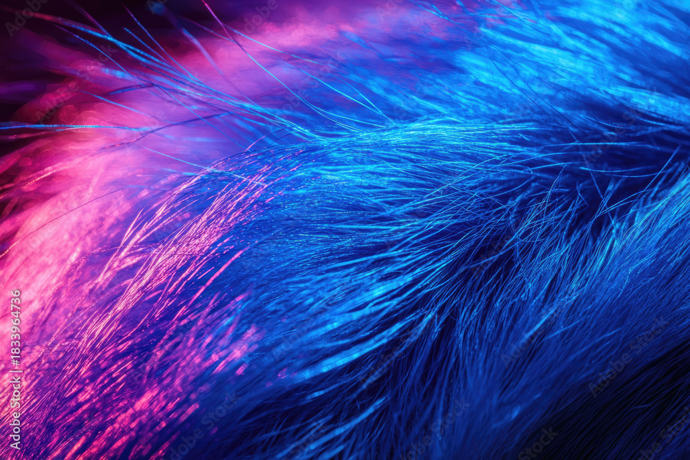 Fototapeta premium A mesmerizing macro shot of soft feathers or fibers, bathed in vibrant neon blue and pink light, creating an abstract, glowing texture.