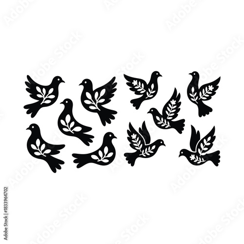 Minimal folk-style dove with floral fillers, solid black motifs.