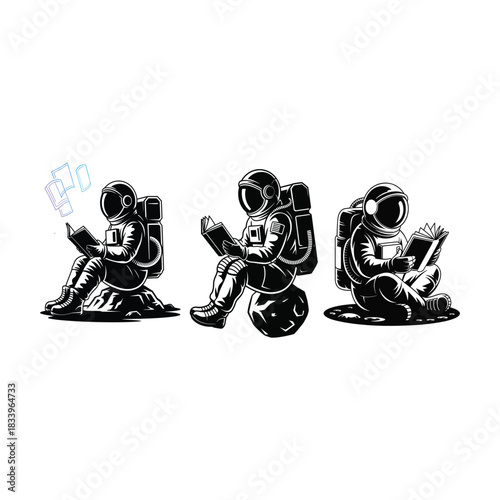 Astronauts Reading a Floating Hologram Book. 