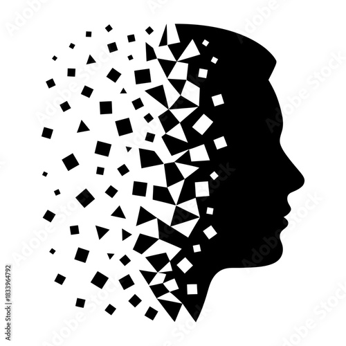 abstract human face silhouette dissolving into geometric shapes symbolizing memory loss and fragmentation