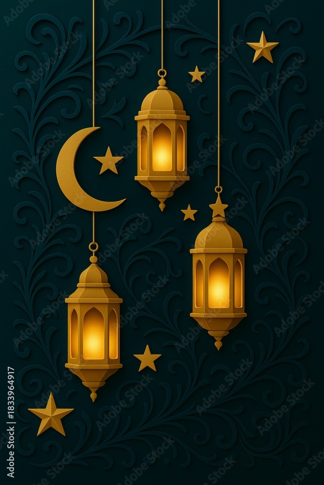 Obraz premium Elegant Eid design with hanging lanterns, crescent moon, golden stars, swirling floral motifs, and glowing warm interiors. Use deep teal or midnight blue background for contrast