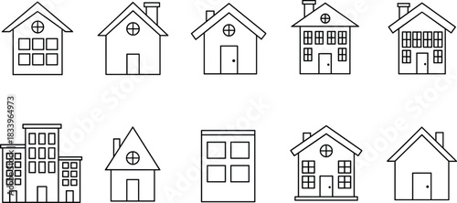 Collection of house icon designs, modern building outline set, real estate home symbols, residential architecture graphic illustration for property concept