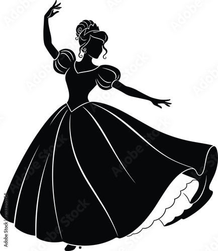 Elegant dancing princess silhouette, royal gown illustration, ballerina style movement, fairytale character art, graceful girl in long dress, fantasy design vector