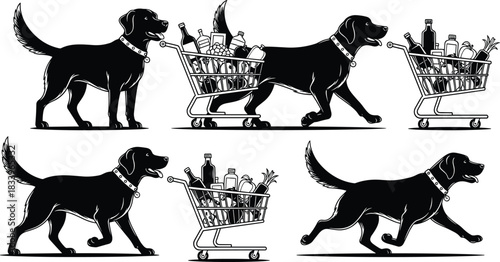 Funny dog silhouettes pushing shopping cart full of groceries, playful pet shopping concept illustration, black pet animal cartoon isolated vector
