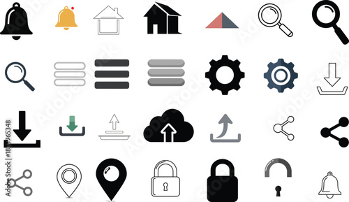 Extensive collection of modern user interface icons for web and mobile design, featuring essential navigation, utility, and data interaction symbols to enhance digital user experience