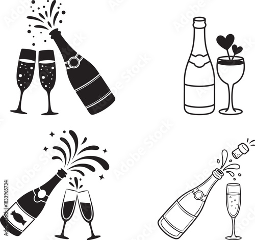 Outlined champagne bottles and glasses show festive celebrations, each element carefully drawn for clarity