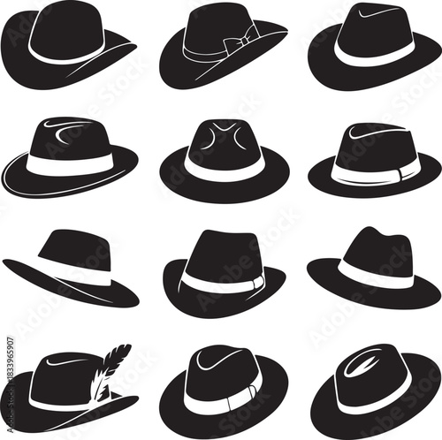 Twelve fashionable black hats display iconic styles of various eras against a white background