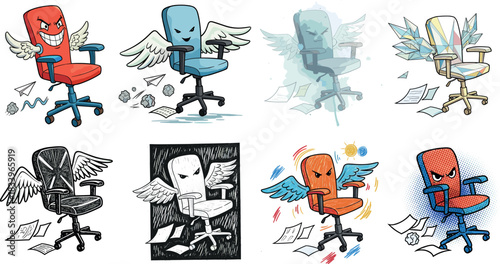 Angry Flying Office Chair Mascot with Wings and Documents Vector Illustration - Work Stress, Freedom, and Corporate Power Concept