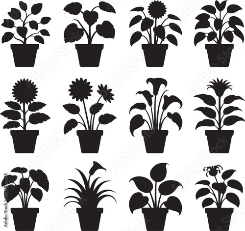 Twelve potted plant silhouettes feature various plant types and flowers in classic black against transparency