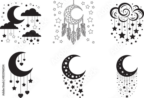Various celestial elements showcase crescent moons with stars, clouds, dreamcatcher, and hearts, all in black silhouette