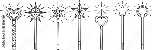 Set of magical star and heart wands illustration, fantasy magic tool icons, cartoon wand collection for fairytale design, outline drawing clipart
