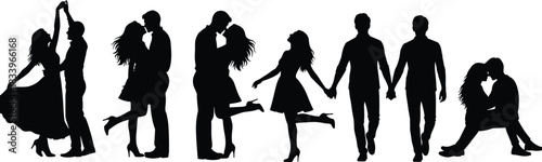 Romantic couple silhouettes dancing, kissing, holding hands, love relationship vector illustration, black people shapes, Valentine concept, affectionate poses artwork design