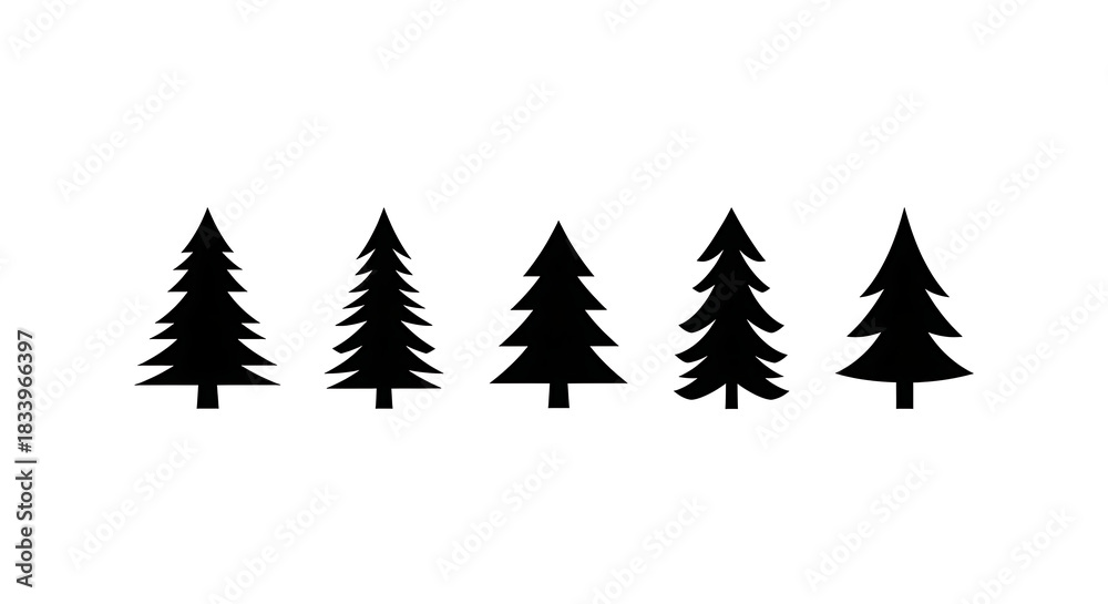 Obraz premium Collection of diverse pine tree silhouettes for nature and winter design projects