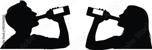 Silhouette man and woman drinking bottles together, alcohol beverage concept, social drinking illustration, party lifestyle, black silhouette couple, isolated white background
