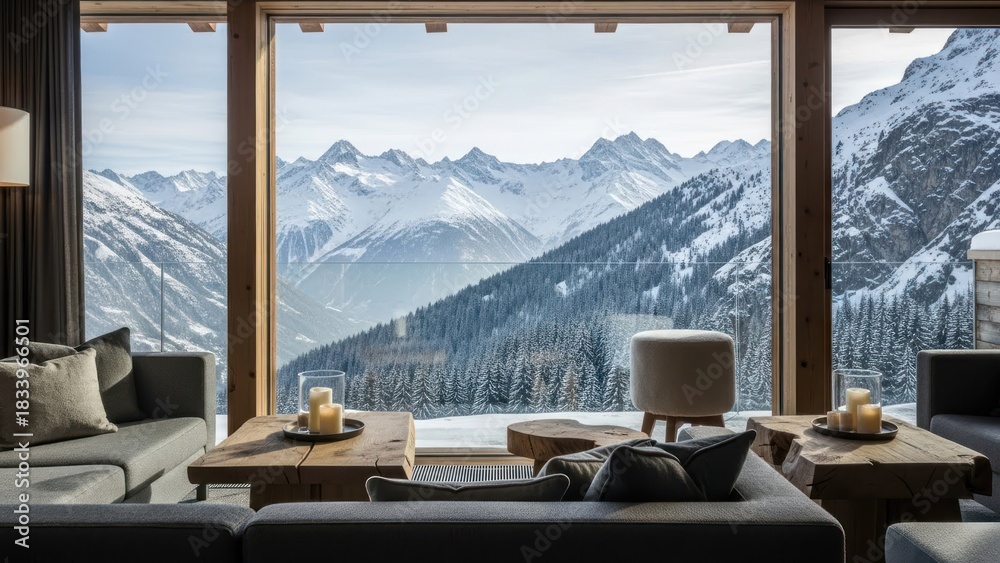 Fototapeta premium Cozy modern living room with large windows overlooking majestic snowy mountain range