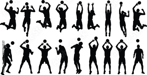Silhouettes of athletes jumping hitting volleyball in action, competitive sport teamwork beach indoor game players dynamic movement isolated on white background